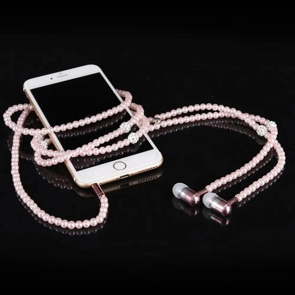 Ladies Luxury Pearl Necklace Pink Earphones With Mic Excellent Sound Quality Stereo Earphones For Everyday Use