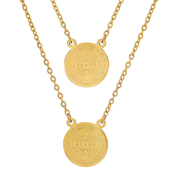 Ladies St. Benedict Double Circle Laser Engraved Scapular Religious Necklace