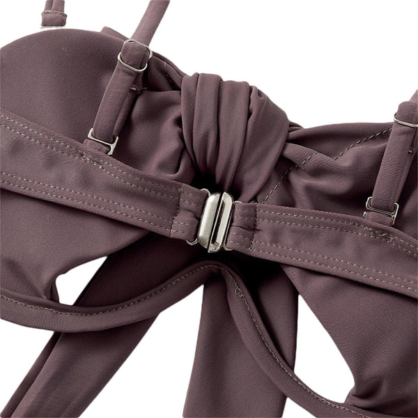 Ladies Summer Solid Color  Swimsuit Female Detachable Shoulder Strap Halter Bikini Women's Bikini Swimsuits One Piece Bathing Suits Tie Knot Cutout Swimwear with Crisscross Design