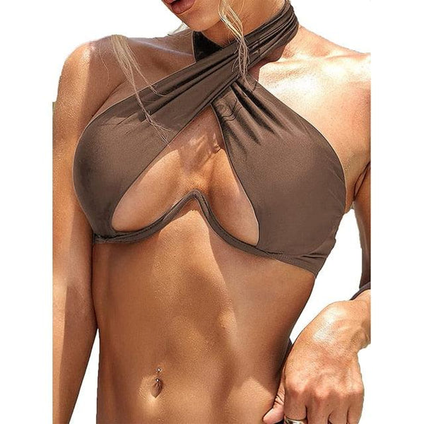 Ladies Summer Solid Color  Swimsuit Female Detachable Shoulder Strap Halter Bikini Women's Bikini Swimsuits One Piece Bathing Suits Tie Knot Cutout Swimwear with Crisscross Design