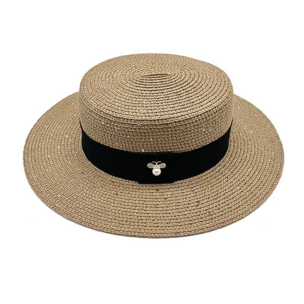 Ladies Sun Boater Classic Flat Hats Straw Hat Wide Brim Boater Hat Summer Straw Hat Beautiful Accessories For Women Retro Female Flat Cap Foldable Packable Beach Hat for Summer 55-58cm