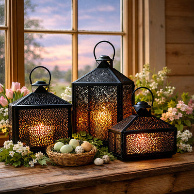 Perforated Iron Metal Lanterns, Set of Three