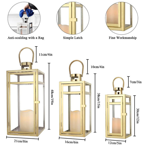 Set of 3 Stainless Steel Lantern  (12/15/19'') -Gold
