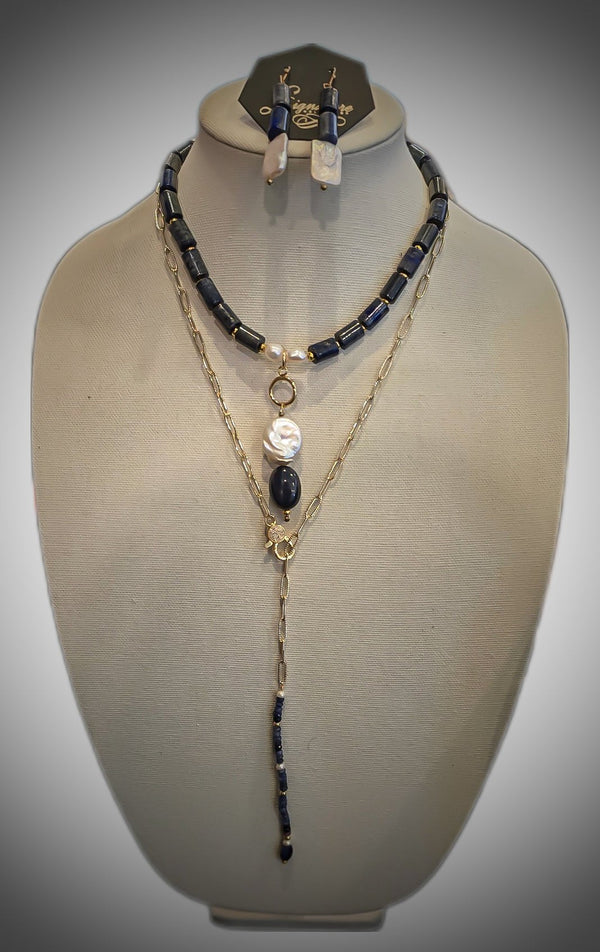 Lapis Lazuli and Freshwater Pearls Necklace set