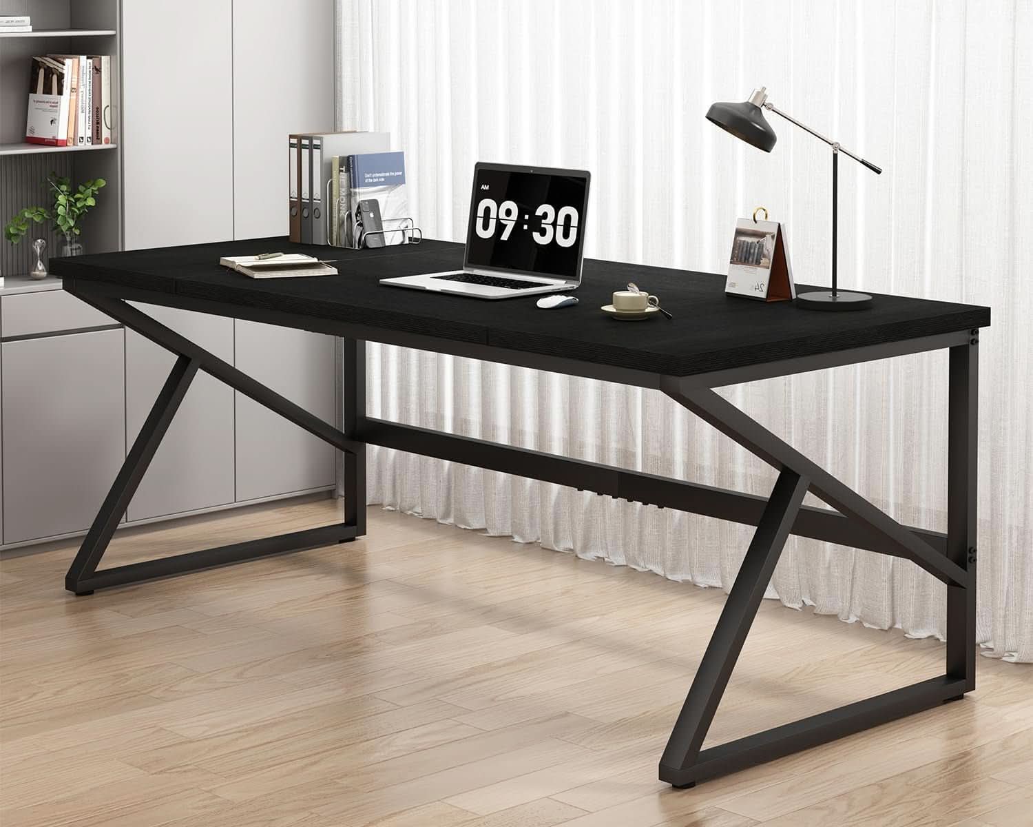 Large Black Desk for Two Monitors and Workstations