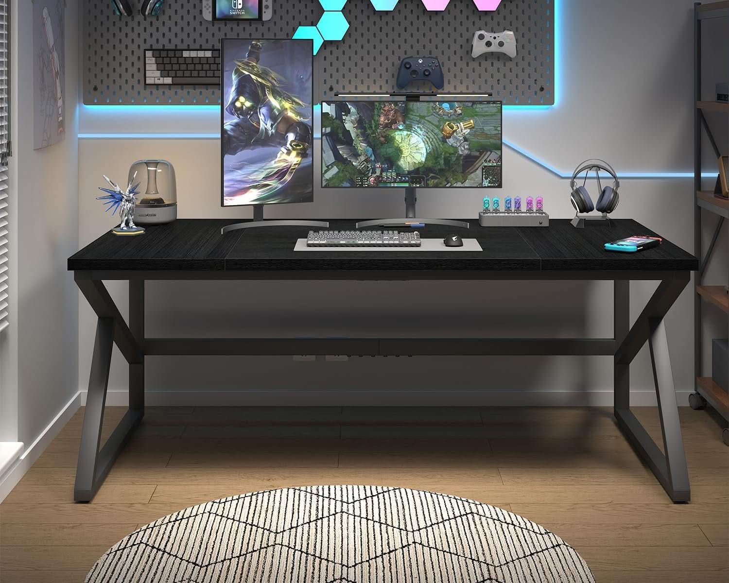 Large Black Desk for Two Monitors and Workstations