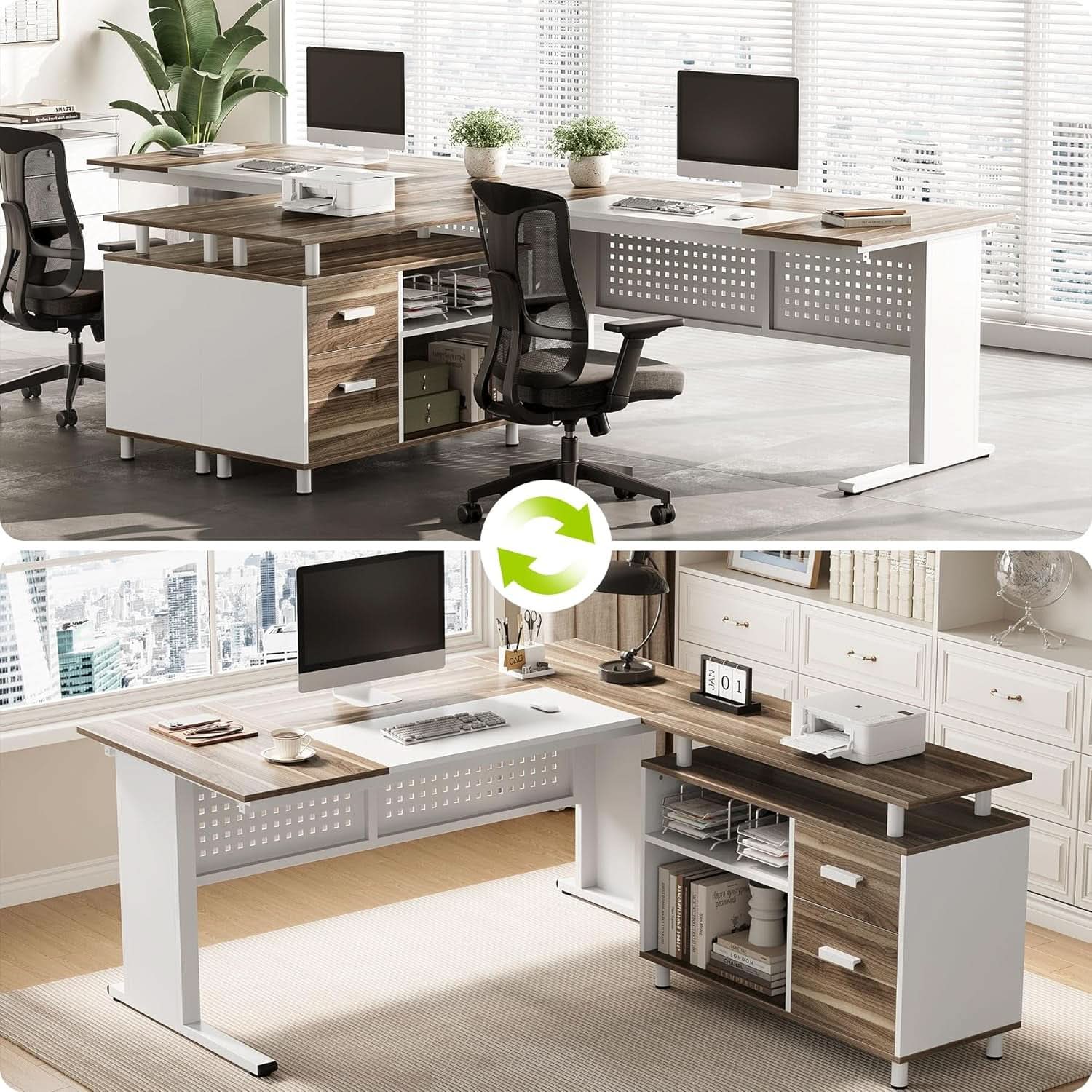63 Inch L Shaped Computer Desk With File Cabinet For Home Office