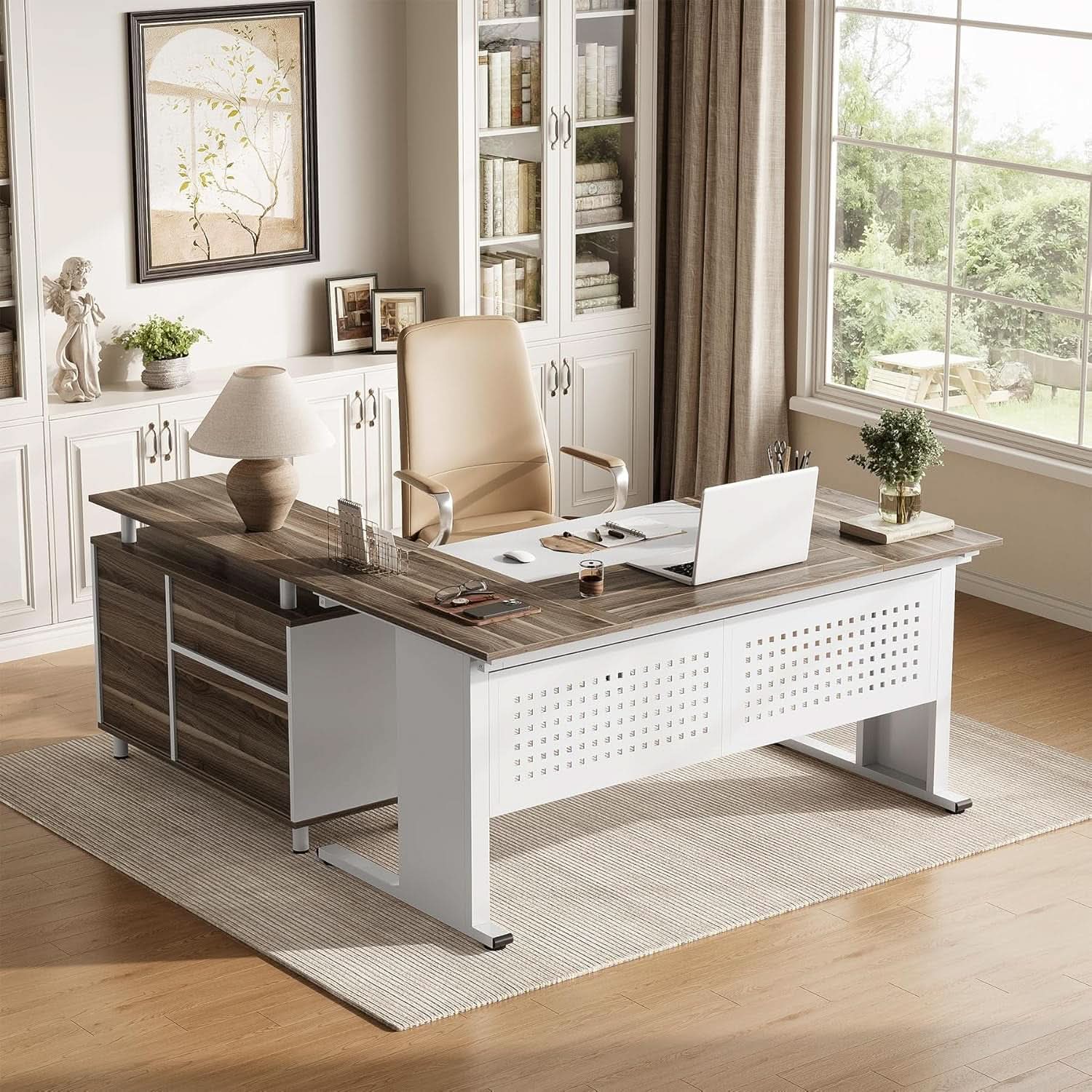 63 Inch L Shaped Computer Desk With File Cabinet For Home Office