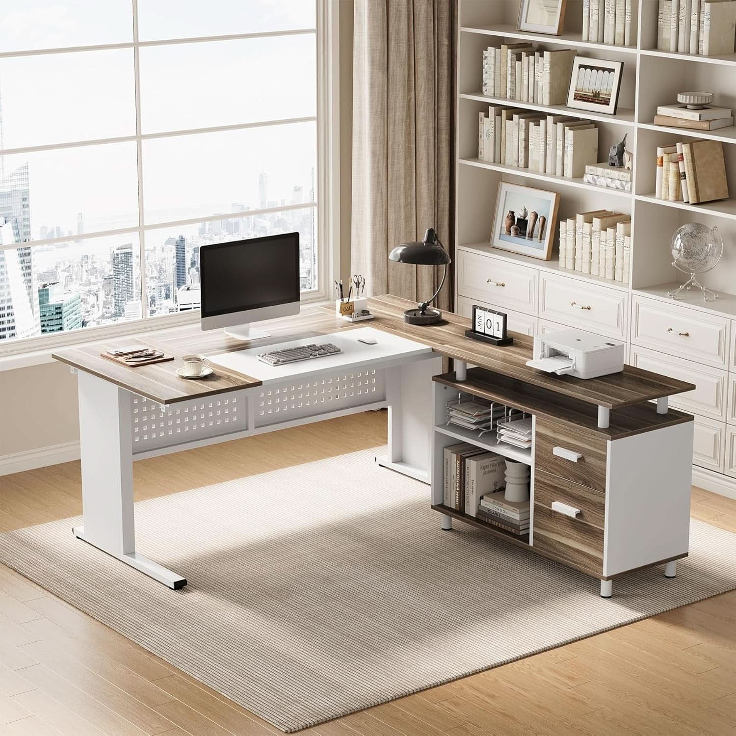 63 Inch L Shaped Computer Desk With File Cabinet For Home Office