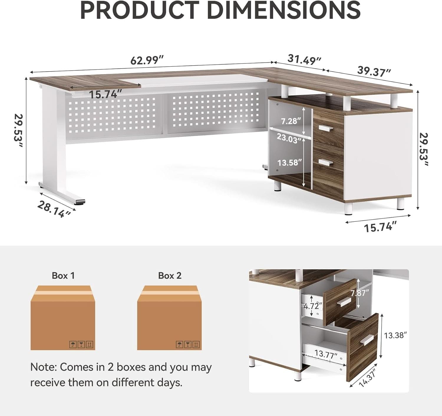 63 Inch L Shaped Computer Desk With File Cabinet For Home Office