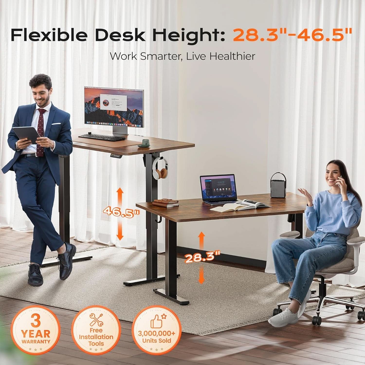 Large Electric Standing Desk Adjustable Height with Hooks
