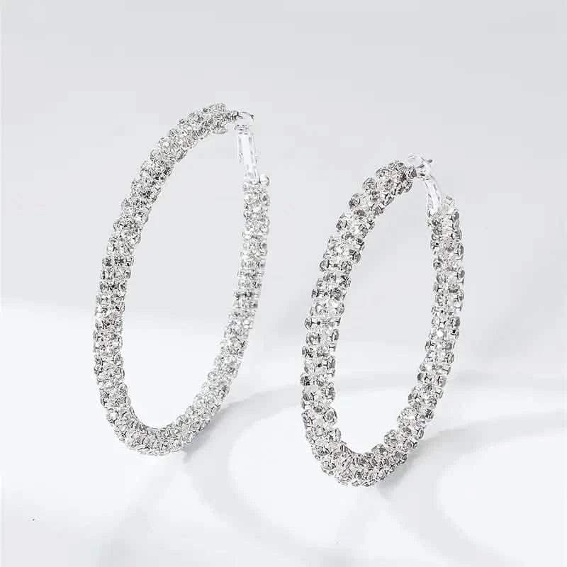 Large Full Rhinestone Silver Hoop Earrings