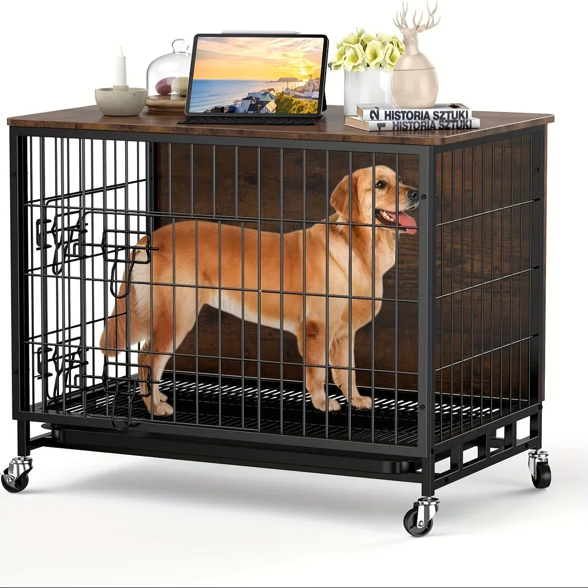 Large Heavy-Duty MDF & Wood Dog Crate Furniture - Double Door Kennel End Table with Removable Tray, Adjustable Divider &, Chew-Resistant Puppy Cage for Indoor/Outdoor Use, Multi-Size Dog House for Large Breeds (Golden Accent