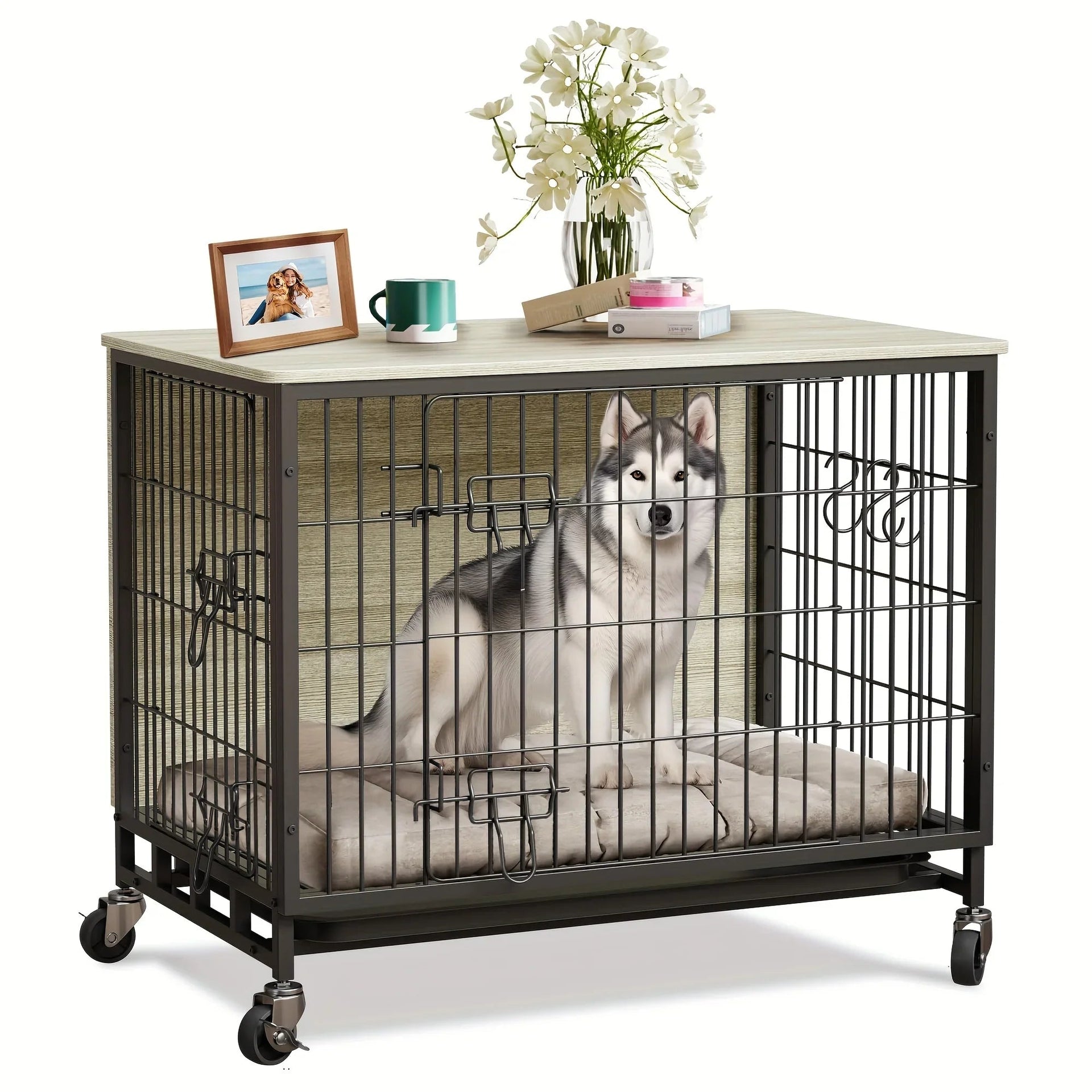 Large Heavy-Duty MDF & Wood Dog Crate Furniture - Double Door Kennel End Table with Removable Tray, Adjustable Divider &, Chew-Resistant Puppy Cage for Indoor/Outdoor Use, Multi-Size Dog House for Large Breeds (Golden Accent