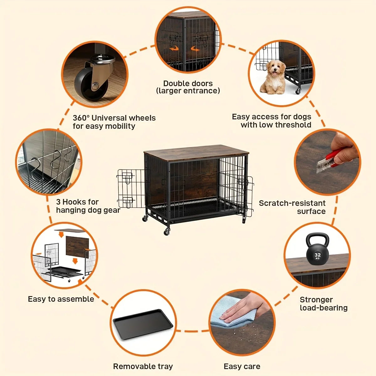 Large Heavy-Duty MDF & Wood Dog Crate Furniture - Double Door Kennel End Table with Removable Tray, Adjustable Divider &, Chew-Resistant Puppy Cage for Indoor/Outdoor Use, Multi-Size Dog House for Large Breeds (Golden Accent