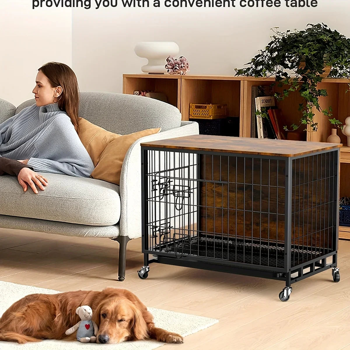 Large Heavy-Duty MDF & Wood Dog Crate Furniture - Double Door Kennel End Table with Removable Tray, Adjustable Divider &, Chew-Resistant Puppy Cage for Indoor/Outdoor Use, Multi-Size Dog House for Large Breeds (Golden Accent