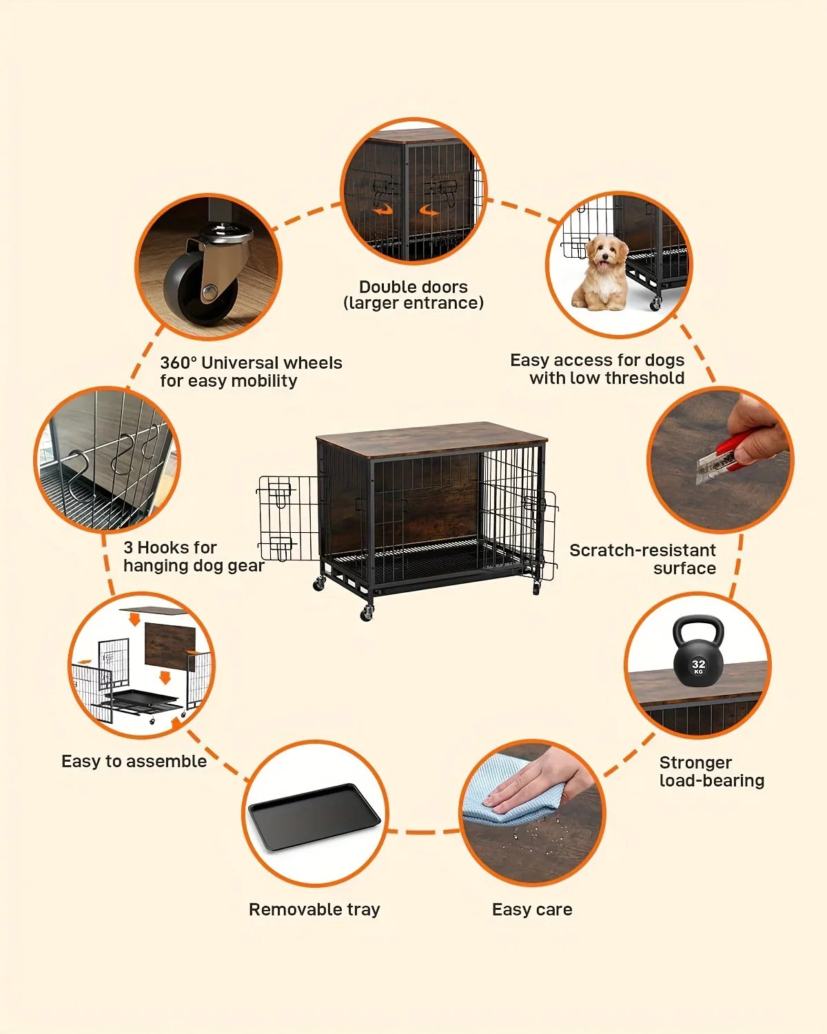 Large Heavy-Duty MDF & Wood Dog Crate Furniture - Double Door Kennel End Table with Removable Tray, Adjustable Divider &, Chew-Resistant Puppy Cage for Indoor/Outdoor Use, Multi-Size Dog House for Large Breeds (Golden Accent
