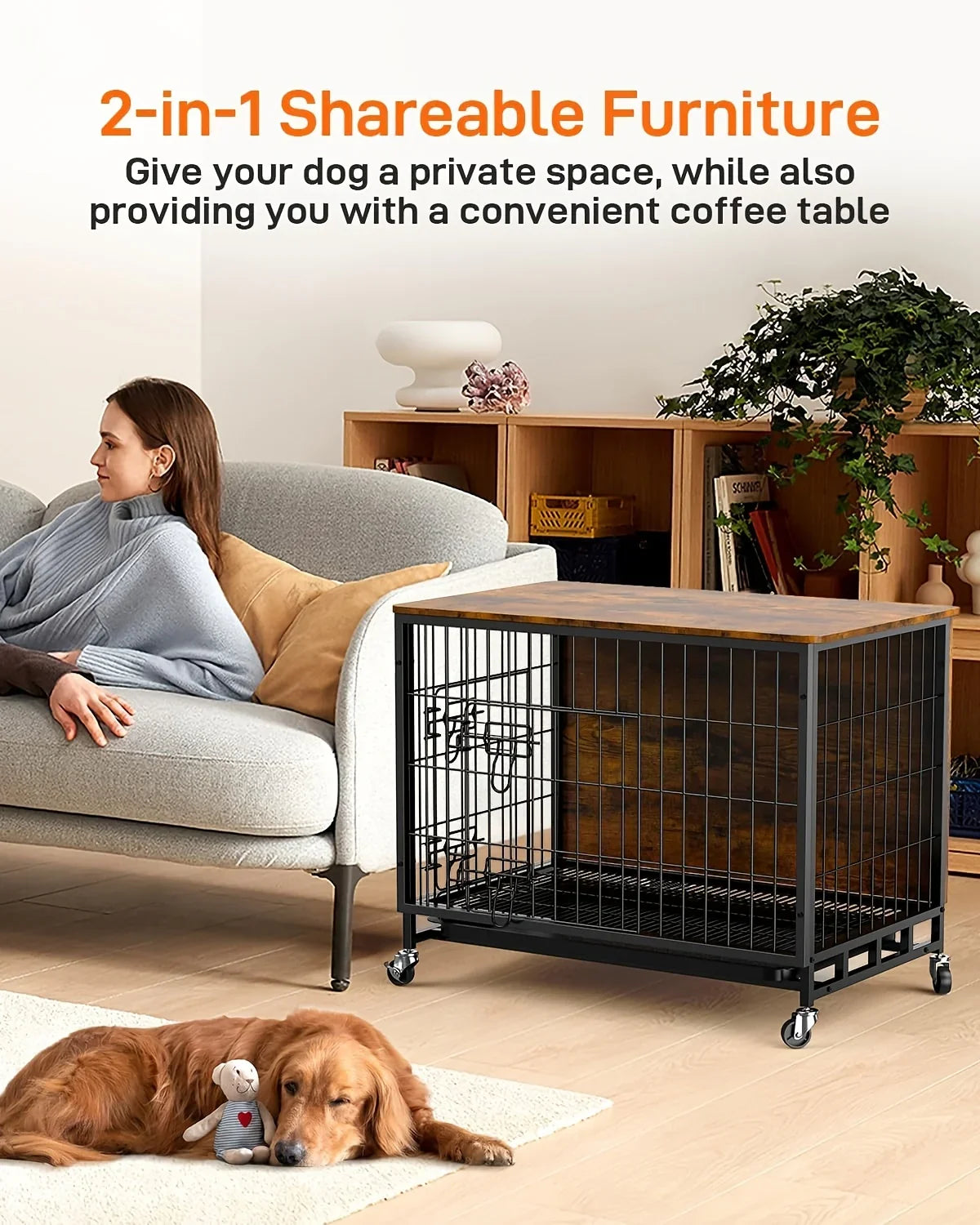 Large Heavy-Duty MDF & Wood Dog Crate Furniture - Double Door Kennel End Table with Removable Tray, Adjustable Divider &, Chew-Resistant Puppy Cage for Indoor/Outdoor Use, Multi-Size Dog House for Large Breeds (Golden Accent
