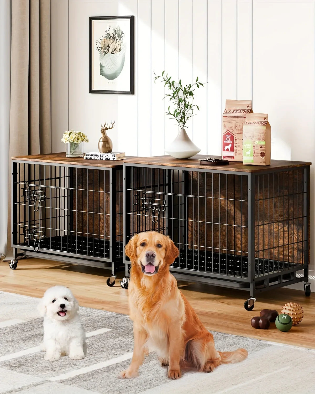 Large Heavy-Duty MDF & Wood Dog Crate Furniture - Double Door Kennel End Table with Removable Tray, Adjustable Divider &, Chew-Resistant Puppy Cage for Indoor/Outdoor Use, Multi-Size Dog House for Large Breeds (Golden Accent