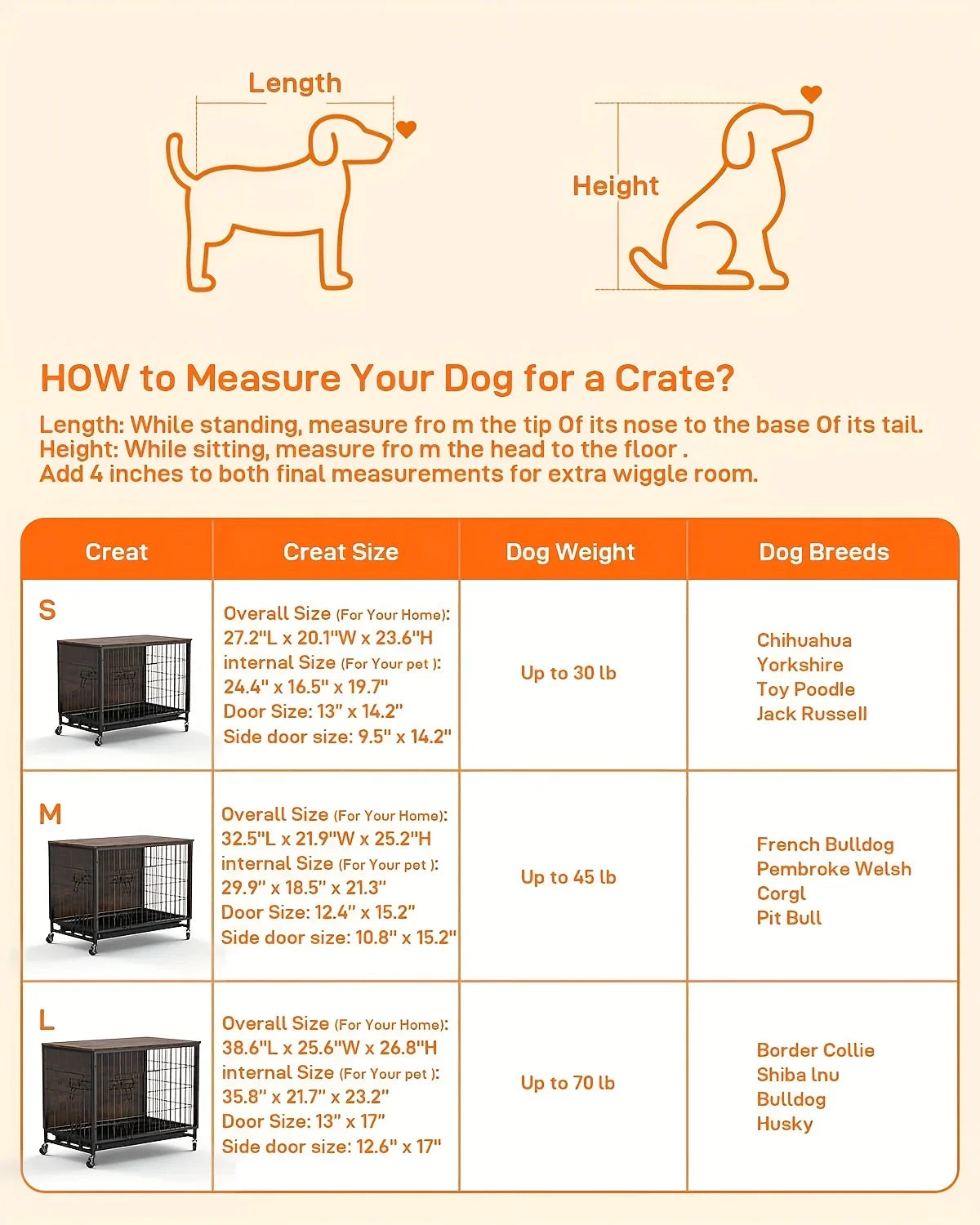 Large Heavy-Duty MDF & Wood Dog Crate Furniture - Double Door Kennel End Table with Removable Tray, Adjustable Divider &, Chew-Resistant Puppy Cage for Indoor/Outdoor Use, Multi-Size Dog House for Large Breeds (Golden Accent