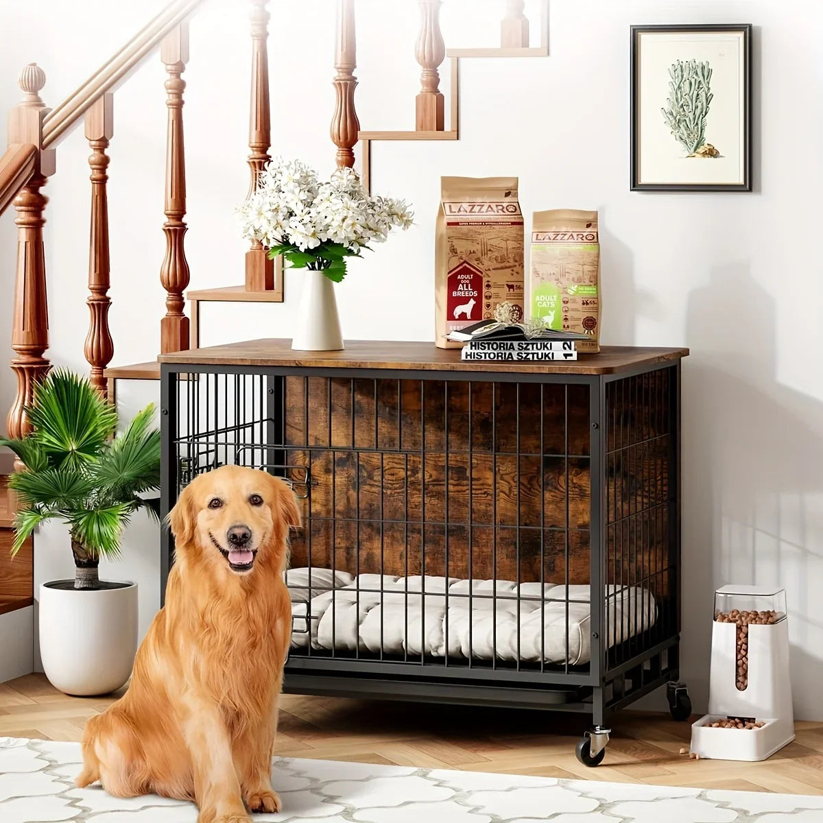 Large Heavy-Duty MDF & Wood Dog Crate Furniture - Double Door Kennel End Table with Removable Tray, Adjustable Divider &, Chew-Resistant Puppy Cage for Indoor/Outdoor Use, Multi-Size Dog House for Large Breeds (Golden Accent