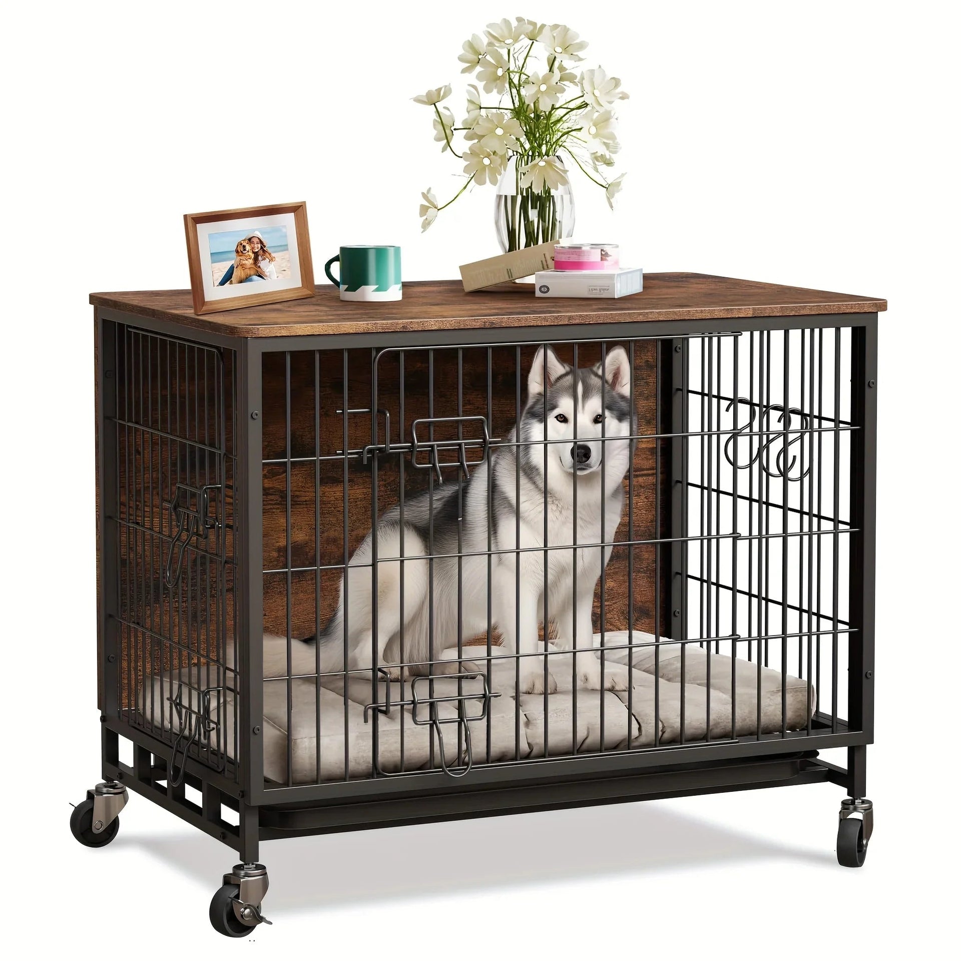 Large Heavy-Duty MDF & Wood Dog Crate Furniture - Double Door Kennel End Table with Removable Tray, Adjustable Divider &, Chew-Resistant Puppy Cage for Indoor/Outdoor Use, Multi-Size Dog House for Large Breeds (Golden Accent