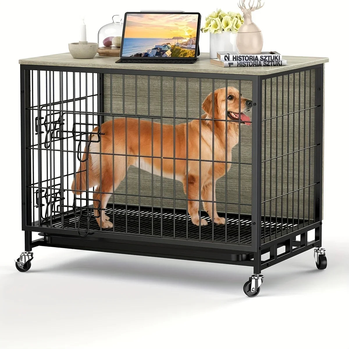 Large Heavy-Duty MDF & Wood Dog Crate Furniture - Double Door Kennel End Table with Removable Tray, Adjustable Divider &, Chew-Resistant Puppy Cage for Indoor/Outdoor Use, Multi-Size Dog House for Large Breeds (Golden Accent