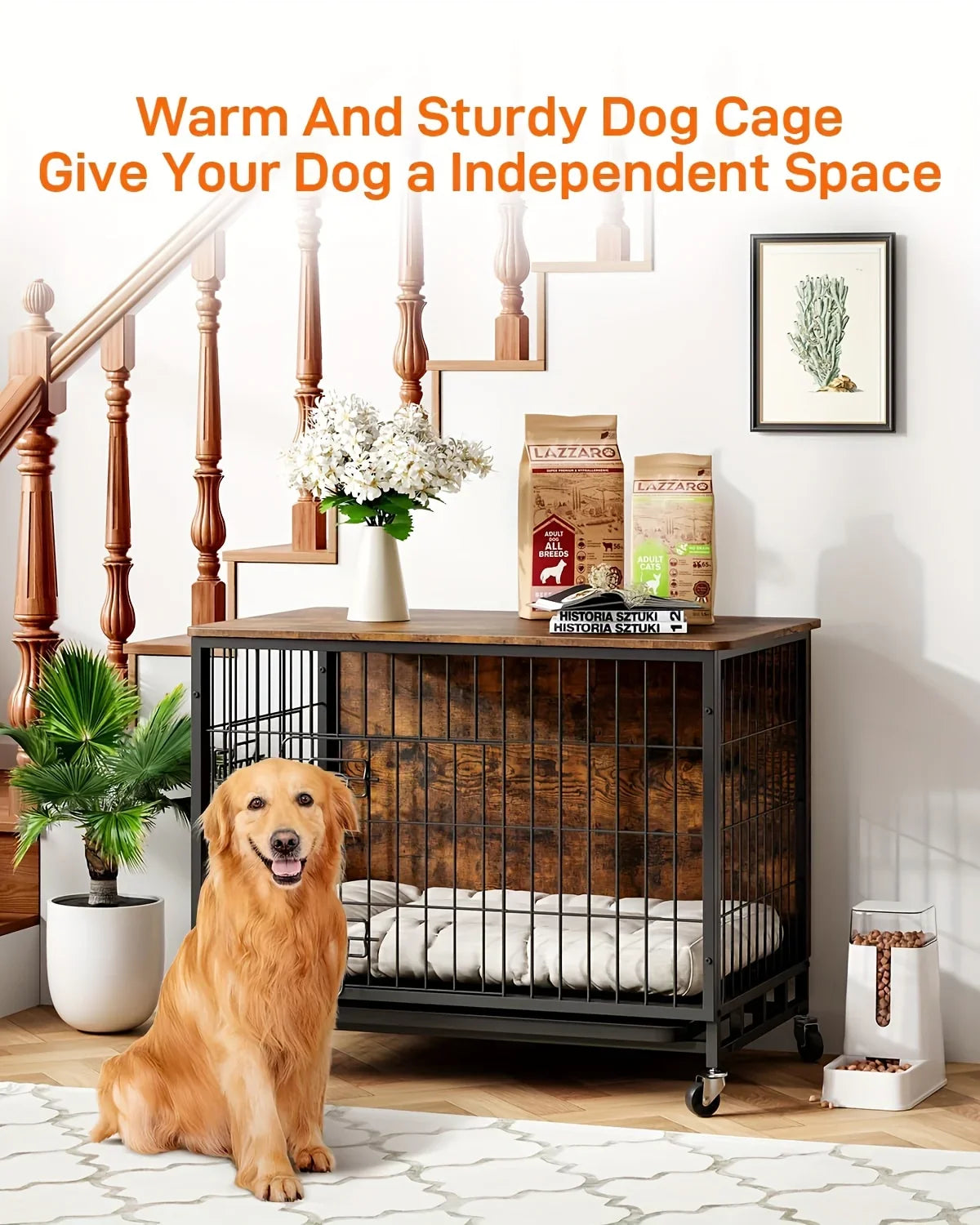 Large Heavy-Duty MDF & Wood Dog Crate Furniture - Double Door Kennel End Table with Removable Tray, Adjustable Divider &, Chew-Resistant Puppy Cage for Indoor/Outdoor Use, Multi-Size Dog House for Large Breeds (Golden Accent