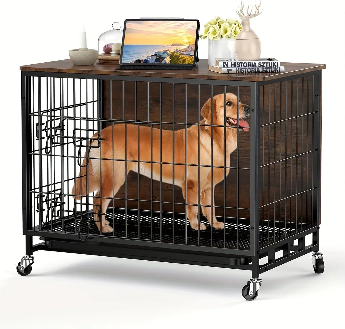 Large Heavy-Duty MDF & Wood Dog Crate Furniture - Double Door Kennel End Table with Removable Tray, Adjustable Divider &, Chew-Resistant Puppy Cage for Indoor/Outdoor Use, Multi-Size Dog House for Large Breeds (Golden Accent