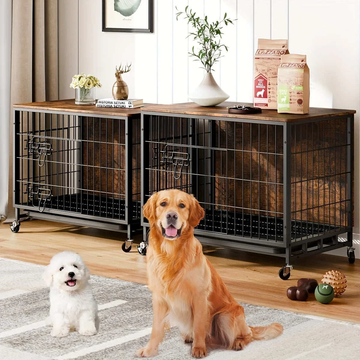 Large Heavy-Duty MDF & Wood Dog Crate Furniture - Double Door Kennel End Table with Removable Tray, Adjustable Divider &, Chew-Resistant Puppy Cage for Indoor/Outdoor Use, Multi-Size Dog House for Large Breeds (Golden Accent