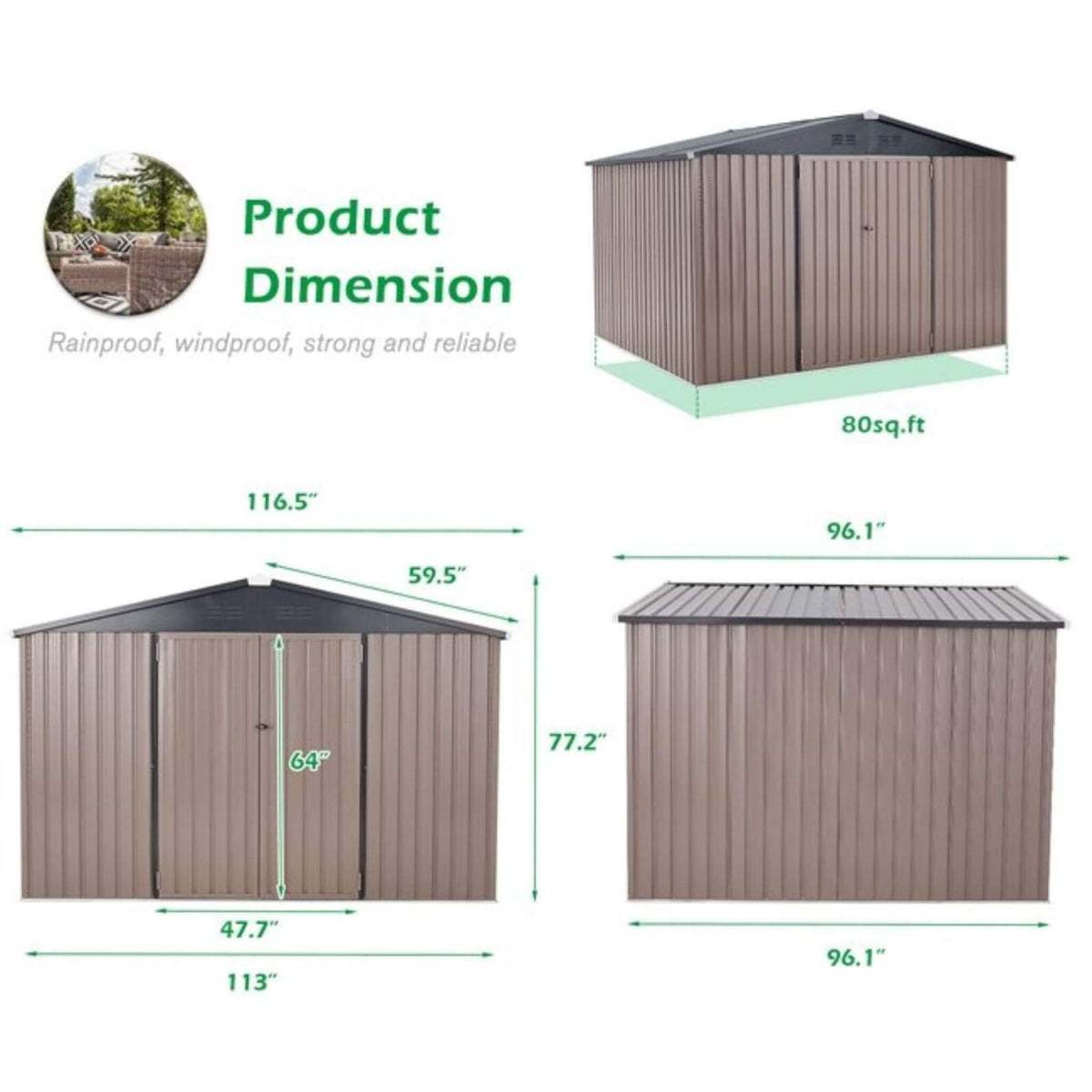 [08X10FT] Large Heavy-Duty Outdoor Metal Garden Tools Storage Utility Shed W/ Lockable Door (SAK72751)