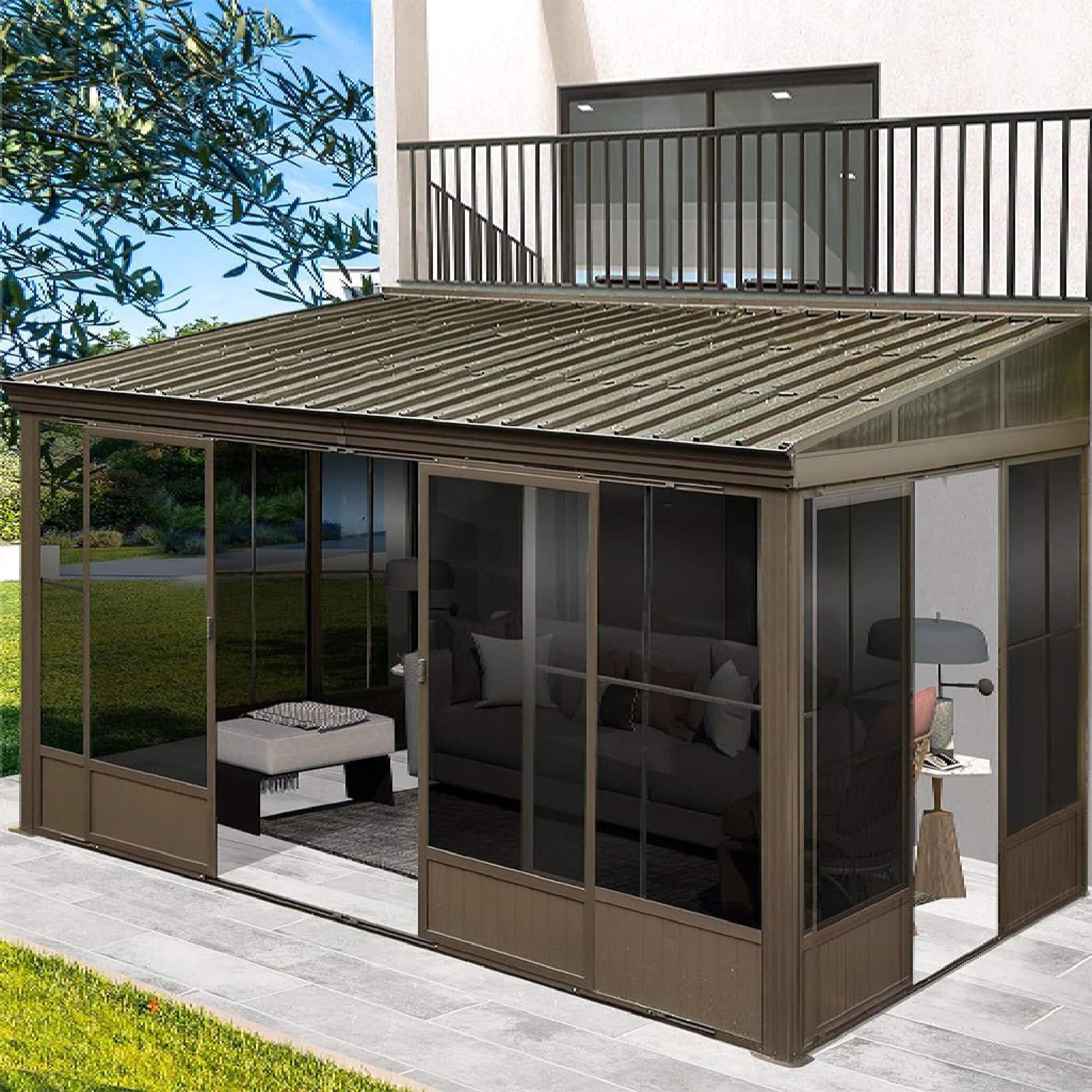[12X14FT] Haven Large Outdoor All-Season Wall-Mounted Sunroom With Galvanized Steel Roof & Moveable PVC Screen (SAK46475)
