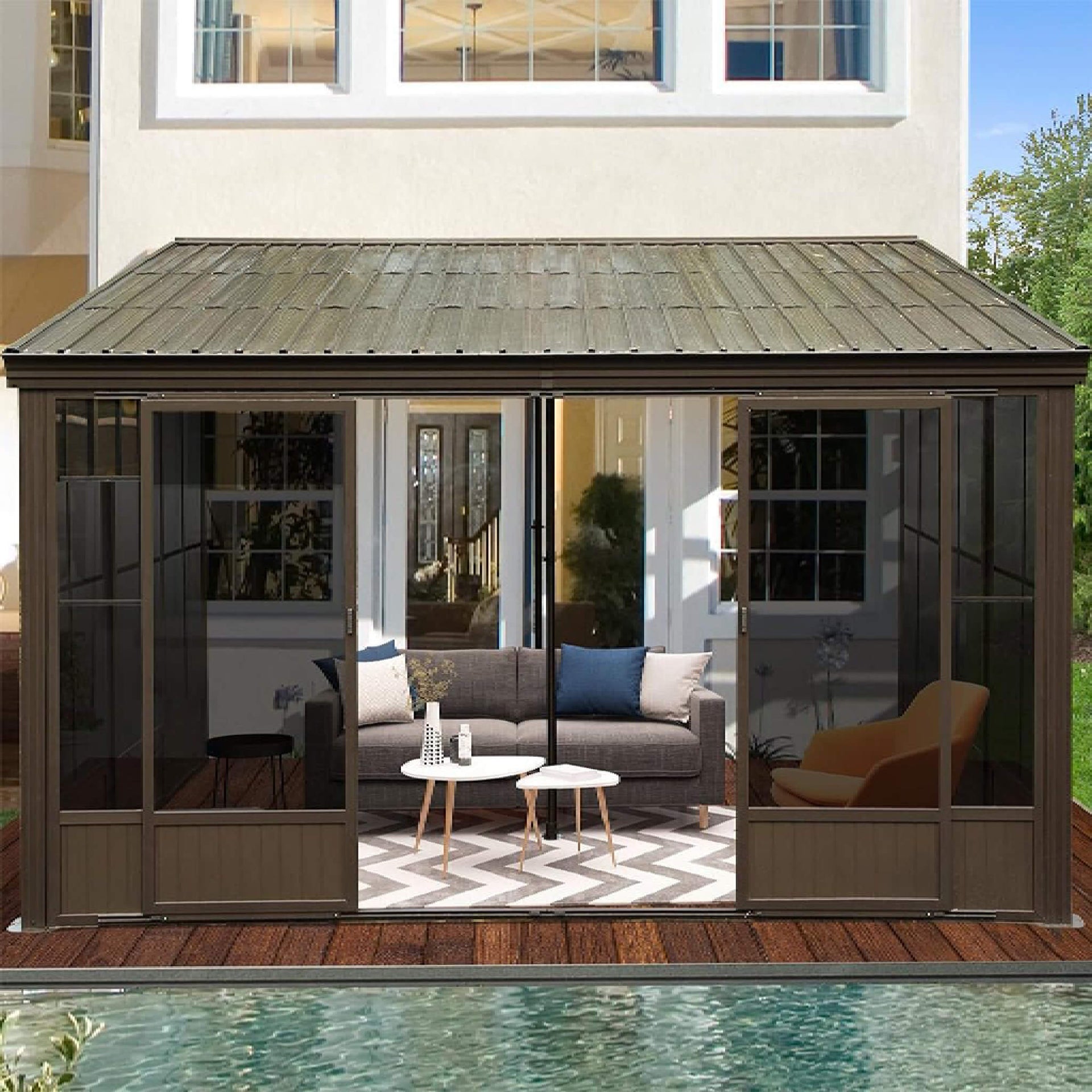 [12X14FT] Haven Large Outdoor All-Season Wall-Mounted Sunroom With Galvanized Steel Roof & Moveable PVC Screen (SAK46475)