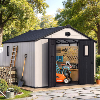 Large Outdoor Resin Storage Shed With Floor, Windows, Lockable Doors, Vents (SAK61784)