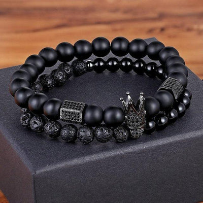 Lava Stone Combination Cubic Zircon Beads Bracelet Natural Red Tiger Eye Black Matte Onyx Stone Crown King Beads Bracelet For Men Women Fashion Charm Zircon Head Elastic Adjustable Bracelet Set Luxury Design
