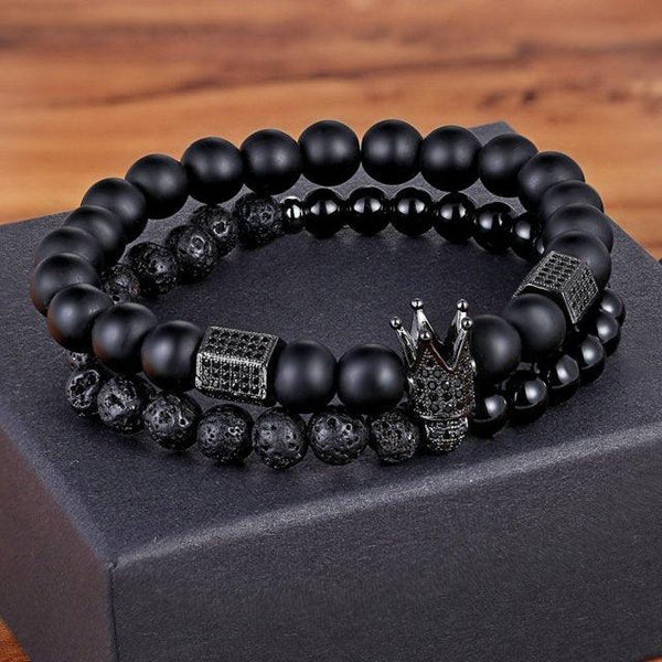 Lava Stone Combination Cubic Zircon Beads Bracelet Natural Red Tiger Eye Black Matte Onyx Stone Crown King Beads Bracelet For Men Women Fashion Charm Zircon Head Elastic Adjustable Bracelet Set Luxury Design