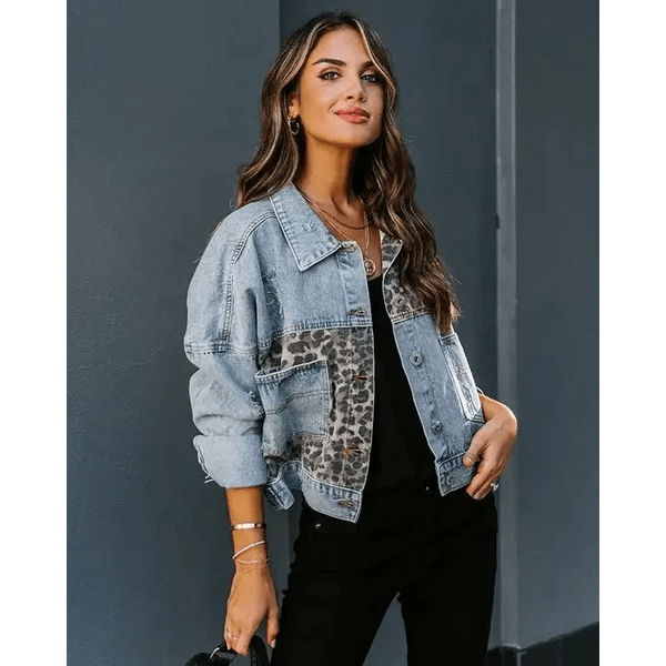 Lavish Style Winter Long-sleeved Jacket Denim Trendy Leopard Print Stitching Lapel Short Jacket For Women And Girls