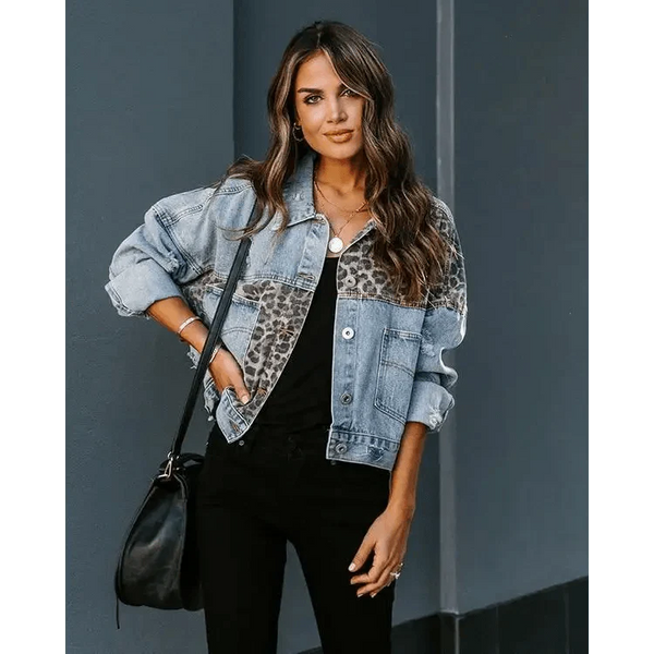 Lavish Style Winter Long-sleeved Jacket Denim Trendy Leopard Print Stitching Lapel Short Jacket For Women And Girls