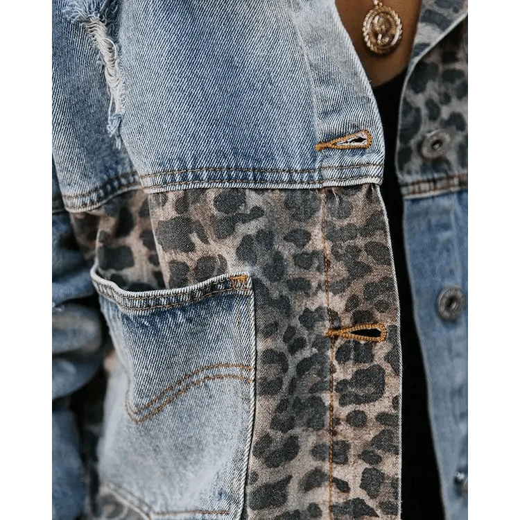 Lavish Style Winter Long-sleeved Jacket Denim Trendy Leopard Print Stitching Lapel Short Jacket For Women And Girls