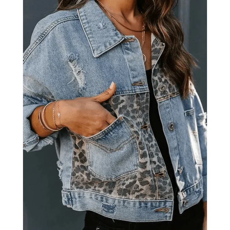 Lavish Style Winter Long-sleeved Jacket Denim Trendy Leopard Print Stitching Lapel Short Jacket For Women And Girls