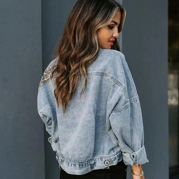 Lavish Style Winter Long-sleeved Jacket Denim Trendy Leopard Print Stitching Lapel Short Jacket For Women And Girls