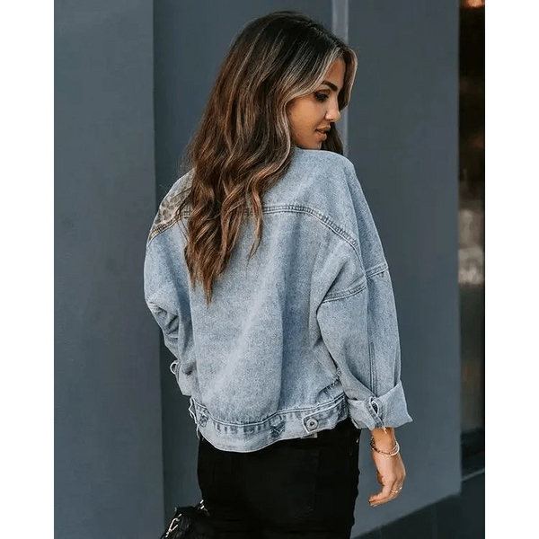 Lavish Style Winter Long-sleeved Jacket Denim Trendy Leopard Print Stitching Lapel Short Jacket For Women And Girls