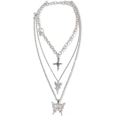 Layered Butterfly Cross Angel Pendant Necklace
