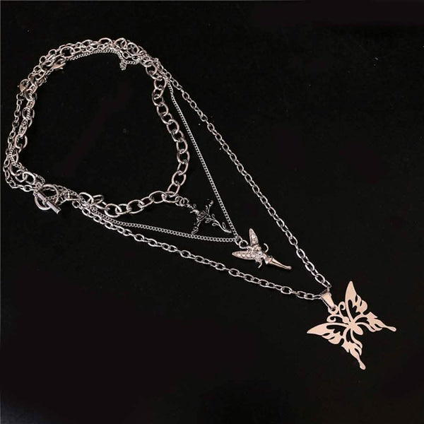 Layered Butterfly Cross Angel Pendant Necklace