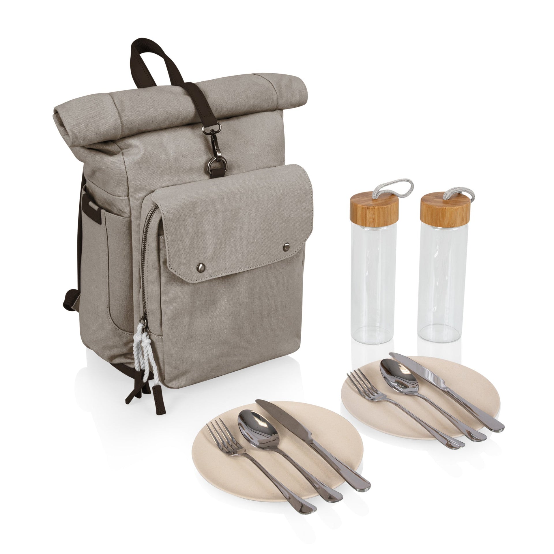 Carmel Roll Top Picnic Backpack Cooler with Utensil Set & Glass Water Bottles Picnic Time Family of Brands