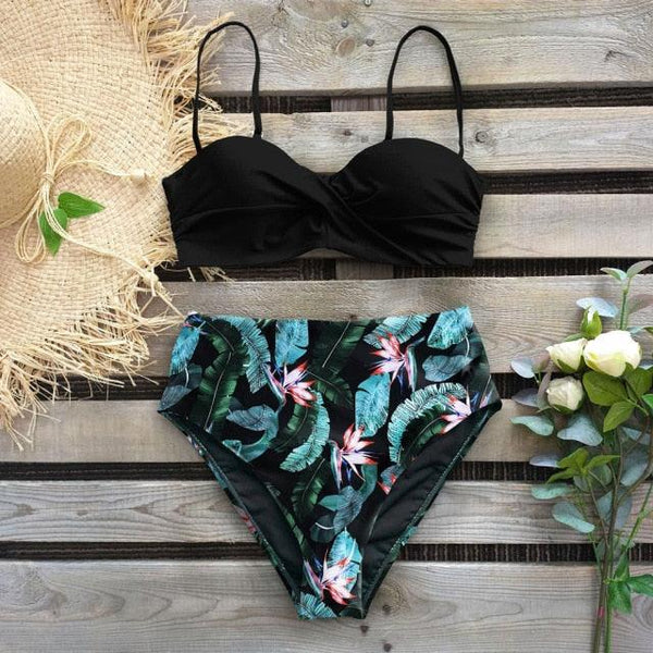 Leaf Print Bikini Female Swimsuit Women's Bathing Suits Triangle Bikini High Waist Bottoms Two Piece Swimsuits Women Swimwear Thong Push Up Bikinis Set High Waist Swimming Suits for Bathing Suit