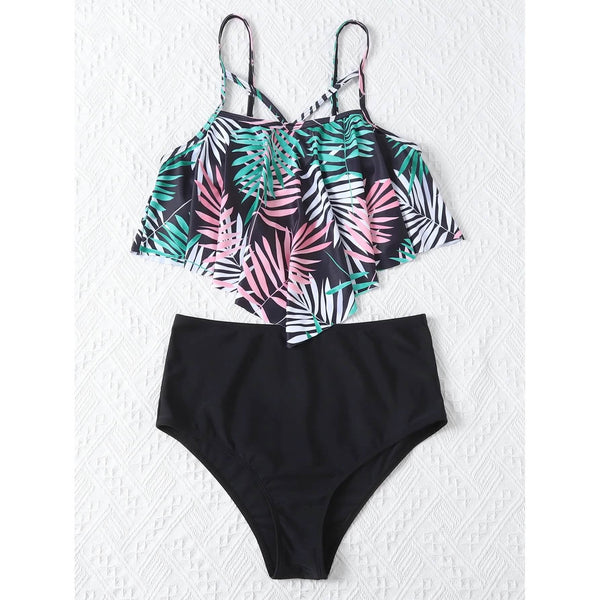 Leaf Print Hanky Hem High Waisted Bikini Swimsuit