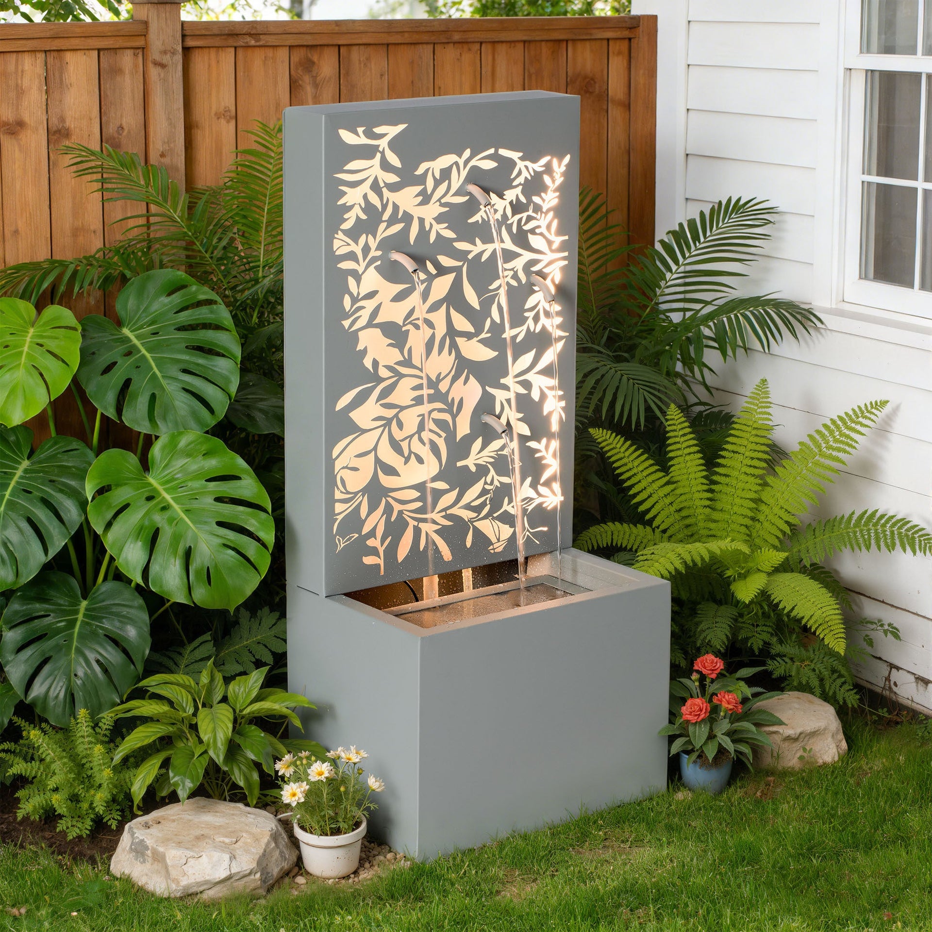 Metal Wall Fountain Outdoor Cut Leaf Panel Backlit