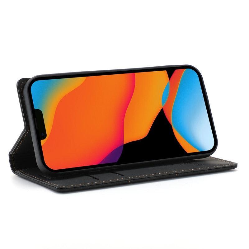 Leather Case Folding Flip Case with Kickstand Credit Card Slot Magnetic Closure Protective Case for iPhone Leather Case For iPhone 14 13 12 11 Pro Mini Flip Case Cover