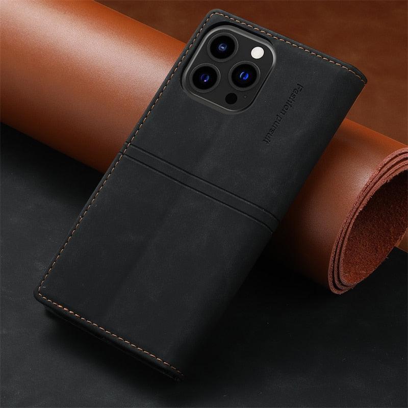 Leather Case Folding Flip Case with Kickstand Credit Card Slot Magnetic Closure Protective Case for iPhone Leather Case For iPhone 14 13 12 11 Pro Mini Flip Case Cover
